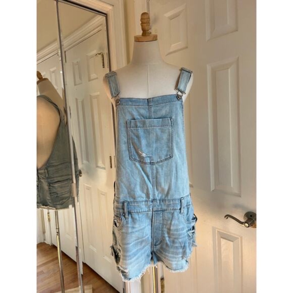 American Eagle Light Wash Floral Embroidered Short Overalls - Picture 3 of 9